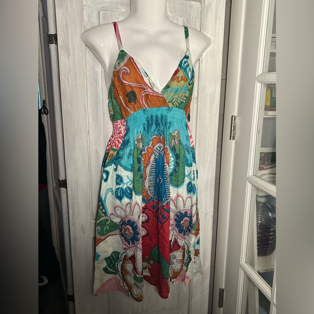 Colorful Floral Sundress,adjustable straps,soft elastic empire waist,Cotton